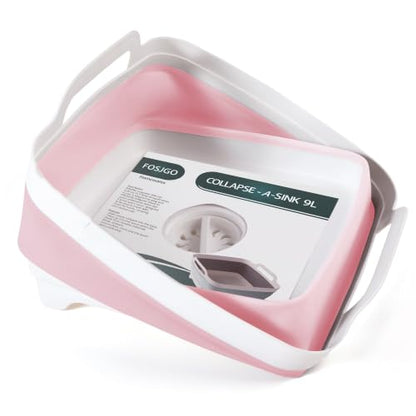 FOSJGO Collapsible Dish Basin with Drain Plug, 2.4 Gal (9L) Space-Saving Foldable Sink, Wash Basin for Kitchen, Baby Bottles, Vegetable Washing, Camping, RV and Party Beverage Tubs (Pink) - color: Pink