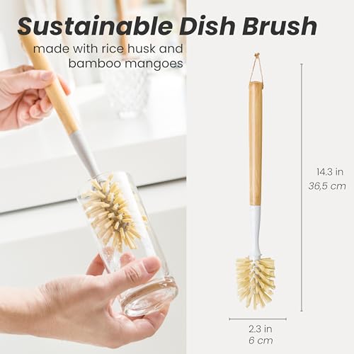 Vigar Zeroline 13.9" Bamboo Bottle Brush With Long Handle - Water Bottle Brush for Glassware, Tumblers, Jars and Vases, Kitchen Dish Scrubber, Wooden Bottle Cleaner, Dish Brush for Sink, Kitchen Brush - size: 13.9- Inches