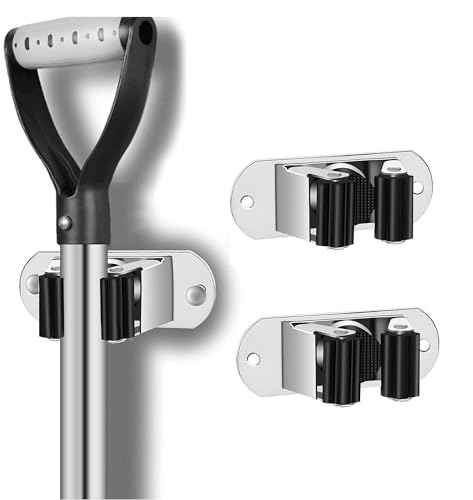 GROVENT® 2 PCS Mop and Broom Holder Wall Mount Heavy Duty Stainless Steel Broom Holder Wall Mounted Broom Organizer Home Garden Garage Storage Rack-Multi (Black)