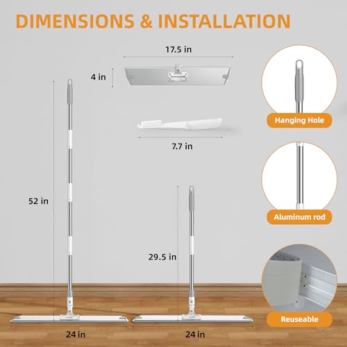 Flat Microfiber Mop for Floor Cleaning, 23.6 Inch Extra-Wide Aluminum Base Mop with Adjustable Handle, 360° Swivel Dry & Wet Mop with 4 Washable Reusable Pads – LJGG - size: 23.6 INCH
