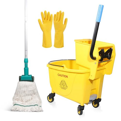 Press Wringer Combo Commercial Rectangular Mop Bucket on Wheels, 35-Quart, Yellow,Add One Commercial Mop and One Set Rubber Gloves