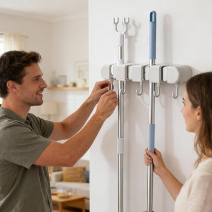 Wall Mounted Mop and Broom Holder, 4 Racks And 5 Hooks Vacuum Suction Cup Mop Holder, Stainless Steel & ABS Organizer for Kitchen, Bathroom, Garage, Laundry Room (White) - color: White