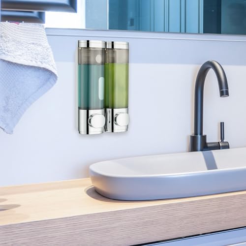 Pollock Shampoo and Conditioner Dispenser Wall Mounted, Shower Soap Dispenser 2 Chamber No Drill, Shampoo Dispenser for Shower, Body Wash Dispenser for Bathroom, Large Capacity, (Silver DG2 Chamber) - color: Silver Dg2 Chamber