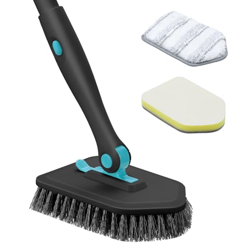 nacena Shower Scrubber with Long Handle, 4 in 1 Tile Tub Scrubber Brush with 3 Detachable Cleaning Shower Heads and Floor Squeegee Shower Cleaner Brush for Bathroom Kitchen Tub Sink Floor, Black - color: Black, size: 2 pads