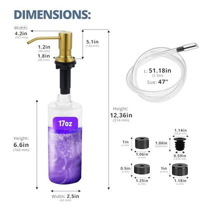SBEN Built-in Kitchen Sink Soap Dispenser – Stainless Steel Pump, 17 oz Bottle and Extension Tube Kit 47", Upgraded Metal Check Valve, Countertop Hand Soap & Lotion Dispenser (Gold Brushed) - color: Gold Brushed