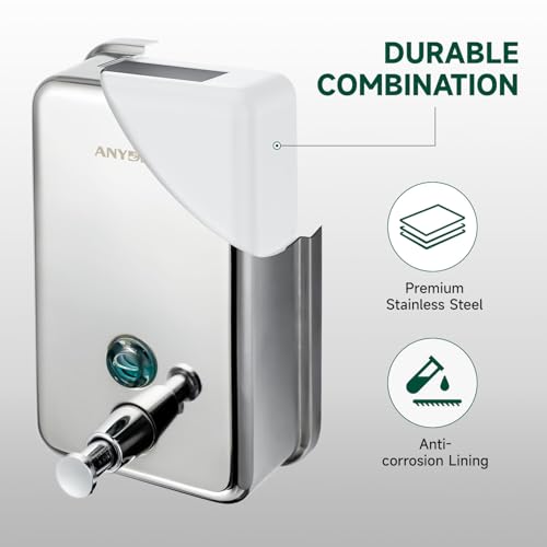anydry Commercial Manual Soap Dispenser, Durable Polished Stainless Steel Finish, 37oz (1100ml) Liquid, Wall-Mounted for Bathroom & Kitchen - color: Polished