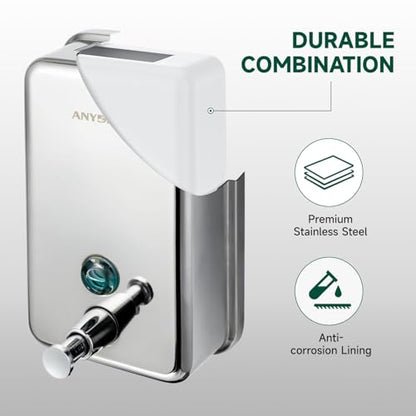 anydry Commercial Manual Soap Dispenser, Durable Polished Stainless Steel Finish, 37oz (1100ml) Liquid, Wall-Mounted for Bathroom & Kitchen - color: Polished