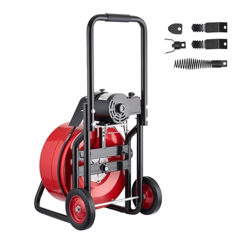 VEVOR Drain Cleaner Machine 100 FT x 3/4 Inch, Auto Feed Sewer Snake Auger on Wheels, Portable Drain Cleaning Machine with 4 Cutters & Air-activated Foot Switch for 4" to 8" Pipes - style: 100 FT x 3/4''