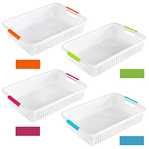 Lawei 8 Pack Large Plastic Storage Basket with Handle - 15 x 10 x 3 Inch Pantry Organizer Basket Bins Desktop Paper Storage Basket for Organization, Countertops, Cabinets, Bedrooms, Bathrooms