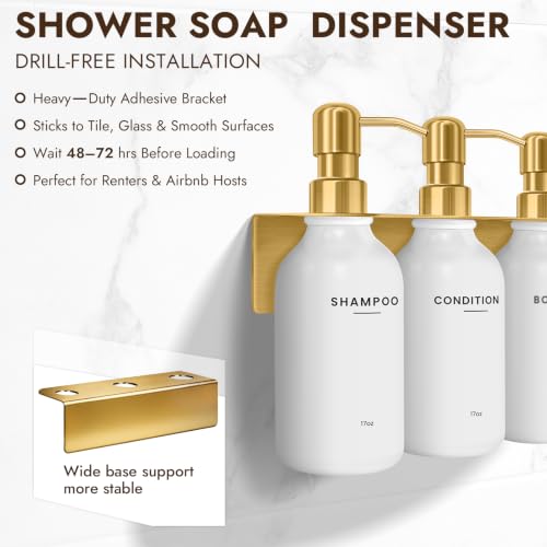 KOUCHU Shampoo and Conditioner Dispenser - Wall Mounted Shower Soap Dispenser - 17oz No-Drill Refillable Plastic Bottles with Stainless Steel Pump for Bathroom - Includes Soap Dish and Hook (Gold) - color: Gold