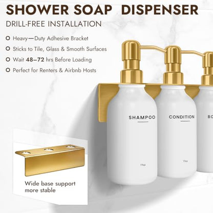 KOUCHU Shampoo and Conditioner Dispenser - Wall Mounted Shower Soap Dispenser - 17oz No-Drill Refillable Plastic Bottles with Stainless Steel Pump for Bathroom - Includes Soap Dish and Hook (Gold) - color: Gold