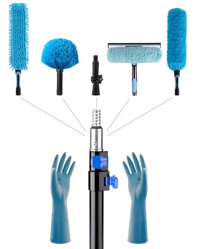 20 Foot High Reach Ceiling Fan Duster with 5-12ft Heavy Duty Extension Pole, Microfiber Feather, Cobweb Duster, Window Squeegee Kit, Cleaning Gloves - size: 12ft