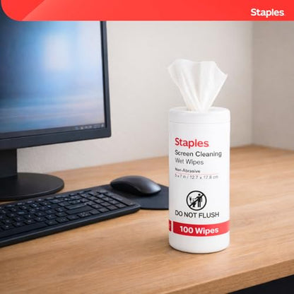 Staples Screen Cleaning Wipes – 100 per Tub, Safe for Monitors, Laptops & Electronics, 2‑Pack - size: 2 Pack