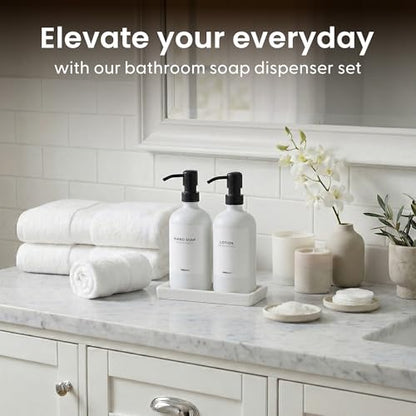 MaisoNovo Bathroom Soap Dispenser Set- Soap and Lotion Dispenser Set with White Soap Dispenser, Black Pumps & Ceramic Tray - color: White Bottles/ Black Pumps/ White Ceramic Tray
