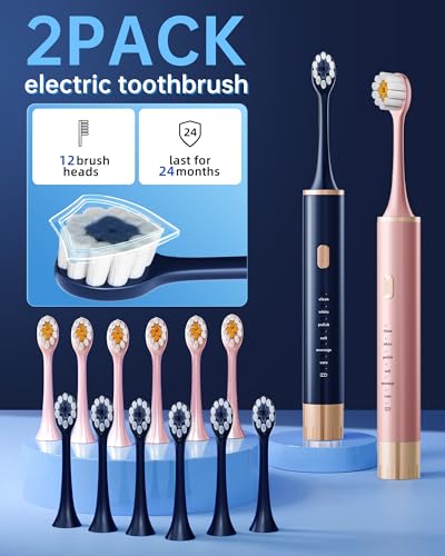 Aneebart Blue & Pink Electric Toothbrush for Adults, USB Rechargeable Sonic Toothbrush with 12 Brush Heads, Smart Timer, 6 Modes, 2-Hour Fast Charge Last 30 Days - color: Blue+pink