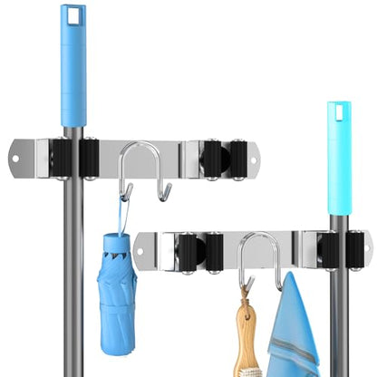 Broom Holder Wall Mount, 2-Pack Stainless Steel Mop and Broom Organizer, Broom Hanger with 2 Slots 2 Hooks for Home Kitchen, Garage, Garden and Laundry Room, Silver - color: Silver-2 Pack