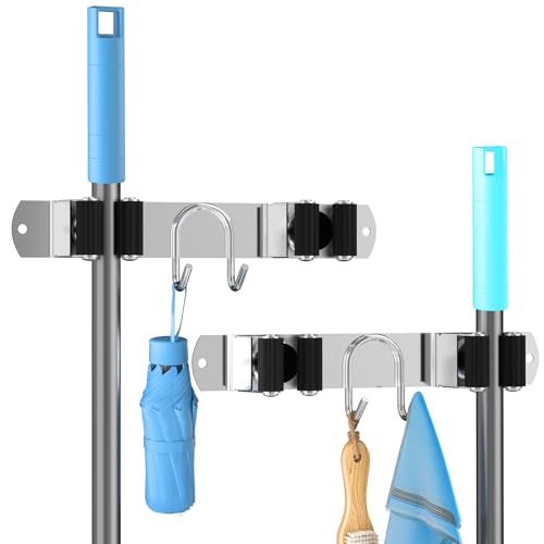 Broom Holder Wall Mount, 2-Pack Stainless Steel Mop and Broom Organizer, Broom Hanger with 2 Slots 2 Hooks for Home Kitchen, Garage, Garden and Laundry Room, Silver - color: Silver-2 Pack
