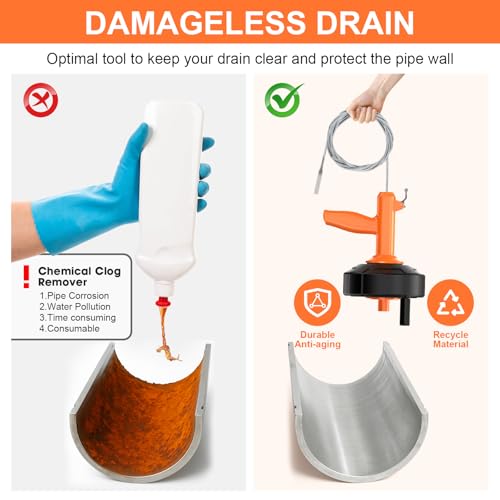 Drain Snake, Auto Feed Plumbing Snake with Drill Attachment, 25 Feet Flexible Drain Auger Tool Set Included Drain Clog Remover, Hair Clog Remover ＆ Cleaning Brush | for Kitchen, Bathroom and Shower Sink with Gloves - color: Orange
