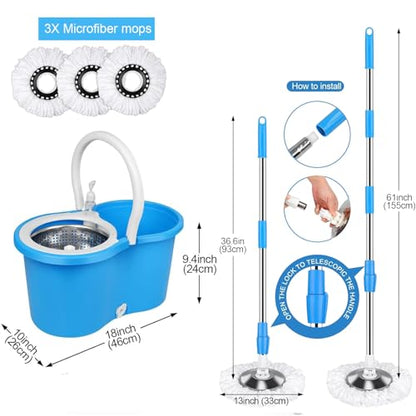 Spin Mop and Bucket with Wringer Set, 360° Spinning Mop Bucket System with 3 Microfiber Mop Replacement Heads Refills,56" Stainless Steel Extended Handle for Floor Cleaning Home(20QT) (Green) (Blue) - color: Blue