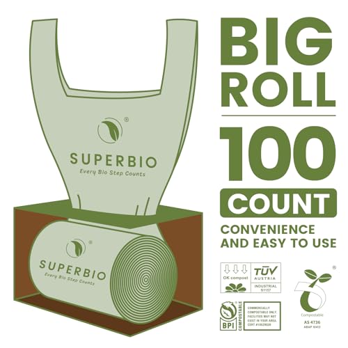 SUPERBIO 2.6 Gallon Compostable Bags with Handles, 100 Count,1 Pack, Food Scrap Bags Certified by BPI and OK compost INDUSTRIAL, 9.84L - color: 2.6 Gallon with Handles, 100 Count