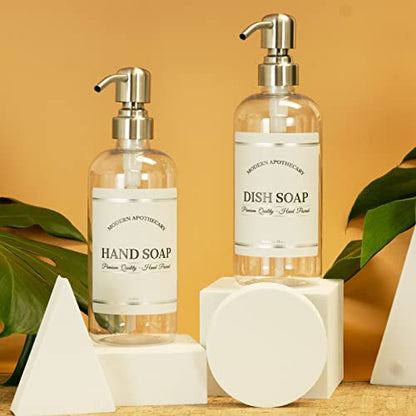 Clear Refillable Hand and Dish Soap Dispenser Set with Pumps for Kitchen Sink - PET Plastic Soap Bottles Refillable with Pump - Waterproof Labels - 16 oz, 2 Pack (Stainless Steel) - color: Stainless Steel Pumps