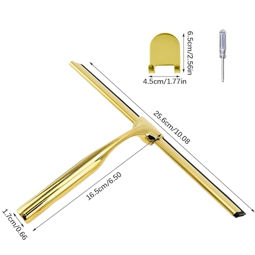 Squeegee for Shower Glass Door, All-Purpose Stainless Steel Squeegee with Adhesive Hooks, Cleaner Tool for Tile Walls, Bathroom, Window, Glass and Car Windshield, Mirrors and Kitchen(10in, Gold)