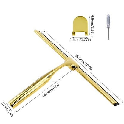 Squeegee for Shower Glass Door, All-Purpose Stainless Steel Squeegee with Adhesive Hooks, Cleaner Tool for Tile Walls, Bathroom, Window, Glass and Car Windshield, Mirrors and Kitchen(10in, Gold)