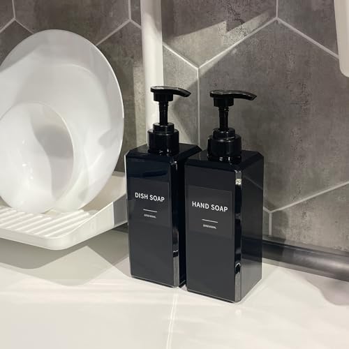 Black Soap Dispenser with Waterproof Labels, Thickened Plastic Hand Soap Dispenser for Bathroom, Kitchen Dish Washing Liquid Bottles, Shampoo and Conditioner Bottles with Funnel (22oz 4Pack Black) - color: 22oz 4 Pack Black