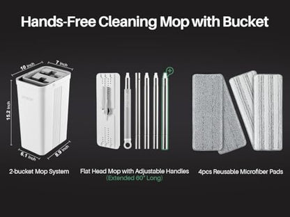 JOYMOOP Flat Mop System, Microfiber Mop and Bucket Set, White, Commercial & Household Use, Hardwood Floor & Wall Cleaning Mop with Long Handle, 4 Microfiber Pads - color: White Standard2441