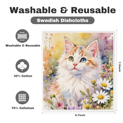 5 Pcs Cute Kitten & Flower Swedish Dishcloths, Cat Themed Swedish Dishcloth, Artistic Dish Cloths for Drying Dishes, Reusable Cleaning Cloths, Housewarming Gifts for Women 2 - color: Lm 04251