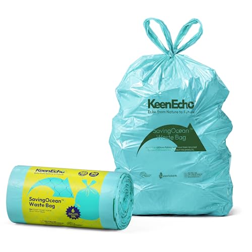 6 Gallon 50 Counts Small Green Trash Bags with Handle, Ocean Fishing Nets Upcycling, Sage & Sea Salt Scented, Plastic Garbage Bags, Waste Bag for Bathroom, Kitchen, Office and Pets - color: 6 Gal, size: 1 Roll