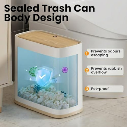 Bathroom Trash Can, 2.1 Gallon Small Slim Garbage Can with Lid and Wheels, Air-Press Bag Expander & Inner Bucket, White Plastic Waste Basket Dog Proof for Kitchen, Office, Bedroom, Garbage Trash Bin - color: White and Wood Grain, size: 8L/2.1Gal