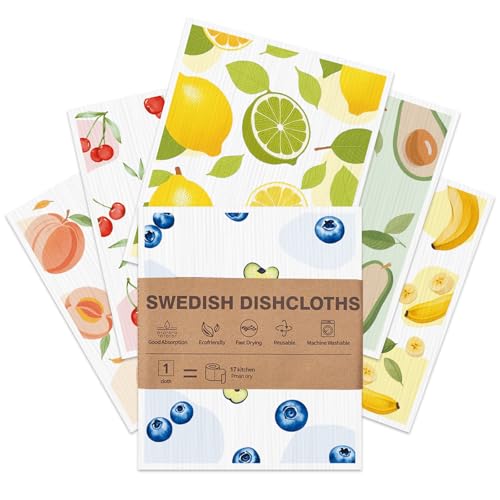 Swedish Dishcloths for Kitchen, 6 Pack, Reusable Paper Towels Washable, Super Absorbent Dish Drying Rags, Fast Dry Non-Scratch Cloths for Washing Dishes, Biodegradable - color: Fruits-6pcs