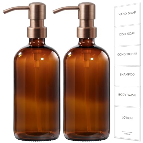 GMISUN Amber Glass Soap Dispenser, 2 Pack Bathroom Hand Soap Dispensers with Rose Gold Pump, 17 Fl Oz Kitchen Hand and Dish Soap Dispenser Set, Modern Vintage Liquid Brown Soap Dispensers Bottle - color: Amber Bottle + Rose Gold Pump, size: 2 Pack