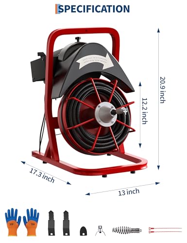Garvee Drain Cleaner Machine 75FT x 1/2 Inch Steel Core Cable Portable 370W Electric Drain Cleaning Machine With Sewer Auger, Cutter, Air-activated Foot Switch, for Commercial, Home