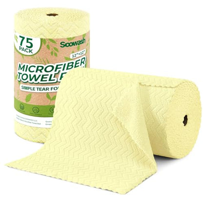 Microfiber Cleaning Cloths Roll, 75 Pack Tear Away Microfiber Towels Roll, 12" x 12" Lint Free Rags, Reusable Cleaning Cloths, Washable, Scratch Free,Ultra Absorbent Dish Rags(Yellow Ripple) - color: Yellow Ripple, size: 75 pack