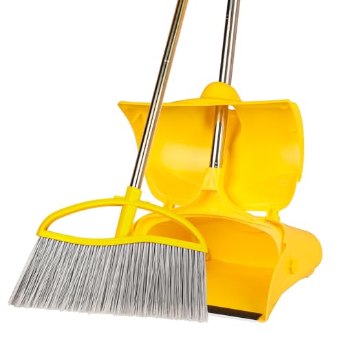 Long Handle Heavy Duty Broom and Dustpan Set, Outdoor and Commercial Upright Dustpan and Brush for Restaurant Garage Garden Yard Office, Yellow - color: Yellow