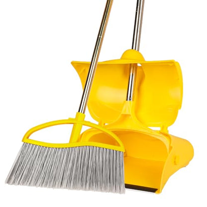 Long Handle Heavy Duty Broom and Dustpan Set, Outdoor and Commercial Upright Dustpan and Brush for Restaurant Garage Garden Yard Office, Yellow - color: Yellow