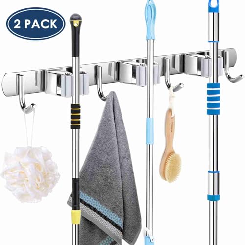 Tool Holder,2 Pack 3 Clip 4 Hook Rack,Steel Anti Rust Wall Mount Multi Function Storage for Kitchen Bathroom Garden Household Cleaning Tool Organizing Accessories