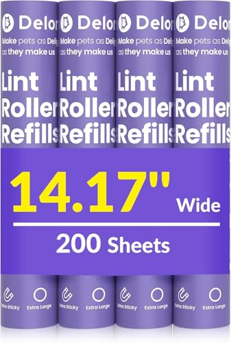 DELOMO 14.17" Large Lint Roller Refills (4 Packs 200 Sheets) – Compatible Only with DELOMO 14.17 in Giant Lint Roller – Extra Sticky Floor Lint Roller Refill for Carpets, Bedding, Couches, Pet Hair - size: E: 4 Refills - 200 Sheets (Wide: 14.17 in)