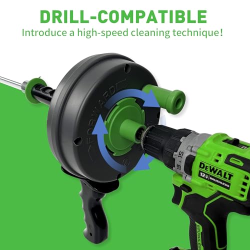 BACOENG 25Ft Drain Auger, Heavy Duty Plumbing Snake with Drill Adapter, Use Manually or Powered for Drain Clog, Shower Sink, Comes with Gloves and Bag (Green) - color: Green-25FT