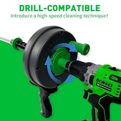 BACOENG 25Ft Drain Auger, Heavy Duty Plumbing Snake with Drill Adapter, Use Manually or Powered for Drain Clog, Shower Sink, Comes with Gloves and Bag (Green) - color: Green-25FT
