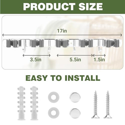 UNIFUN Broom Holder Wall Mount - Heavy Duty Stainless Steel Mop and Broom Organizer with 5 Racks 4 Hooks - Space Saving Storage for Kitchen Garage Garden - Easy Install Tool Hanger