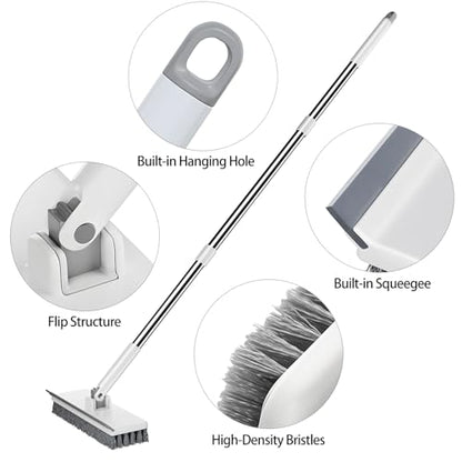 Floor Scrub Brush with 55" Long Handle, 2-in-1 Floor Brush with Built-in Squeegee, Adjustable Angle Head and Stiff Bristles for Tile, Wood, Concrete & Textured Floor Cleaning