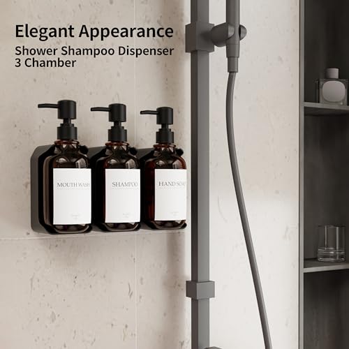 Shampoo and Conditioner Dispenser, Shower Soap Dispenser with 16 Waterproof Labels, Shampoo Dispenser for Shower Wall, Shower Dispenser 3 Chamber No Drill, 17oz, Amber - color: Amber