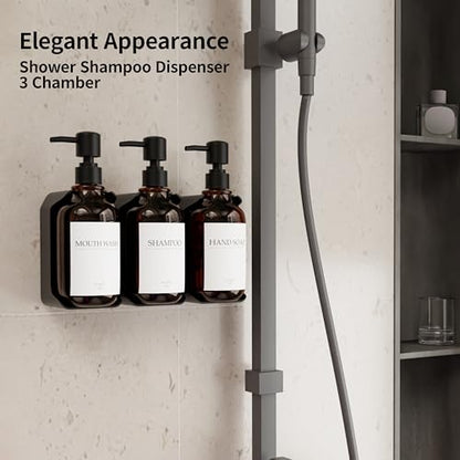 Shampoo and Conditioner Dispenser, Shower Soap Dispenser with 16 Waterproof Labels, Shampoo Dispenser for Shower Wall, Shower Dispenser 3 Chamber No Drill, 17oz, Amber - color: Amber