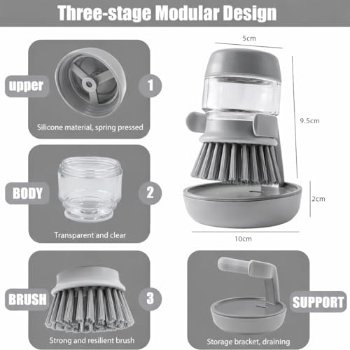 Soap Dispensing Dish Brush with Holder – Leakproof Kitchen Scrubber Brush with Soap Dispenser, Palm Grip Dish Cleaning Brush for Pots, Pans, Sink & Dishes – Gray
