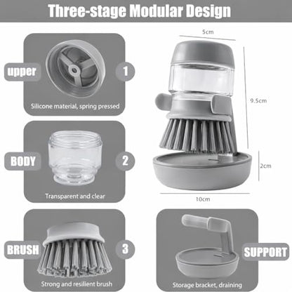 Soap Dispensing Dish Brush with Holder – Leakproof Kitchen Scrubber Brush with Soap Dispenser, Palm Grip Dish Cleaning Brush for Pots, Pans, Sink & Dishes – Gray
