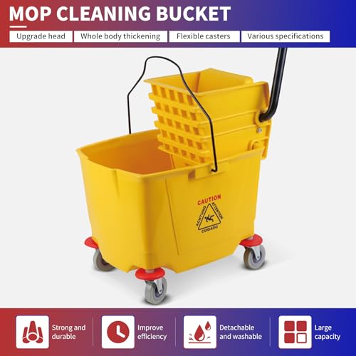 Side-Press Mop Bucket 36 L/9.5 Gallons | Heavy-Duty Plastic Wringer | One-Hand Squeeze & Non-Spill Wheels | for Home/Commercial Floor Cleaning (Yellow, 9.5 Gallons/38 Quart)