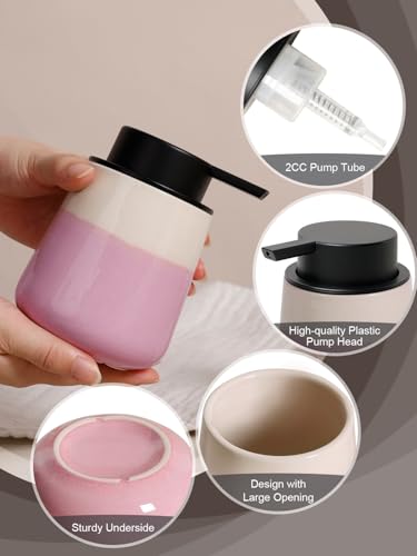 INGOFIN Ceramic Foaming Soap Dispenser - 12oz Foam Hand Soap Dispenser Bathroom, Refillable Modern Dish Dispenser with Pump for Kitchen, Beige and Pink - color: Beige and Pink-foam